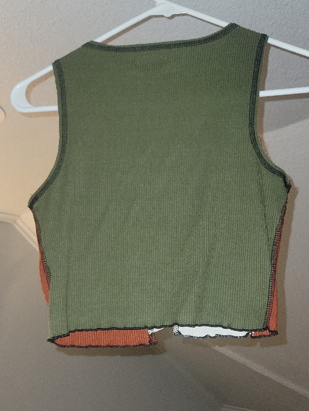 Patchwork Lace-Up Ribbed Tank with Rust, Olive & Cream Panels - Picture 2 of 2